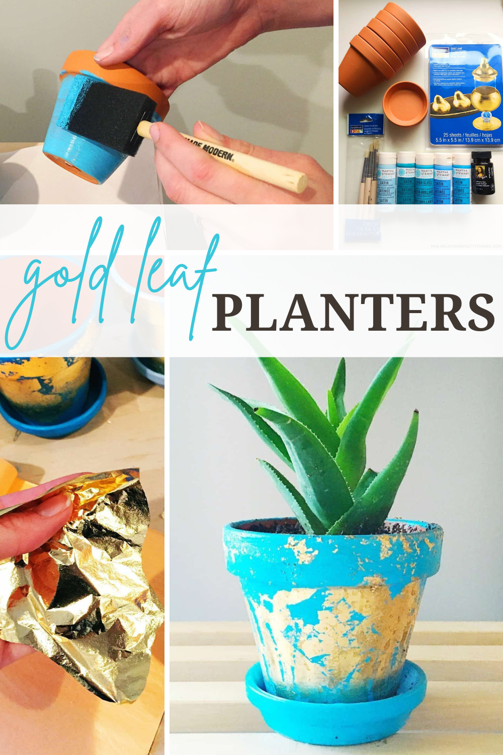 Photo collage of the steps to make painted terra cotta pots with different shades of blue paint and then accented with gold leaf with text overlay that says gold leaf planters