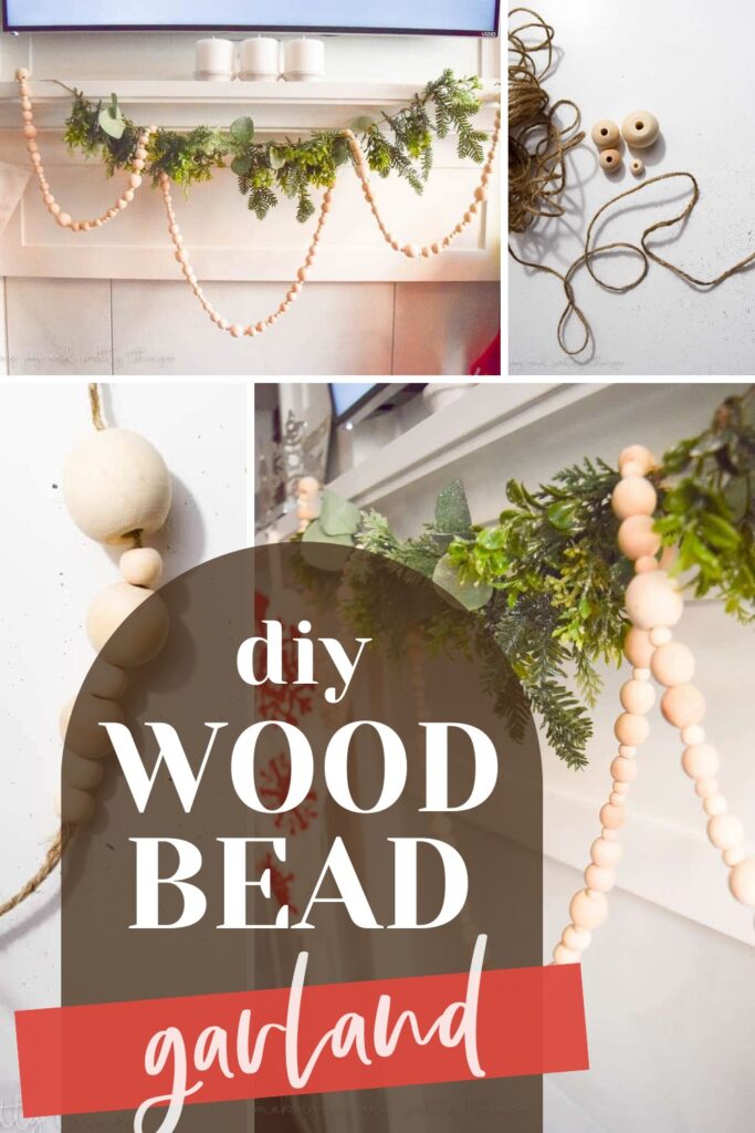 A photo collage of a wood bead garland with text overlays saying "DIY  Wood Bead Garland".