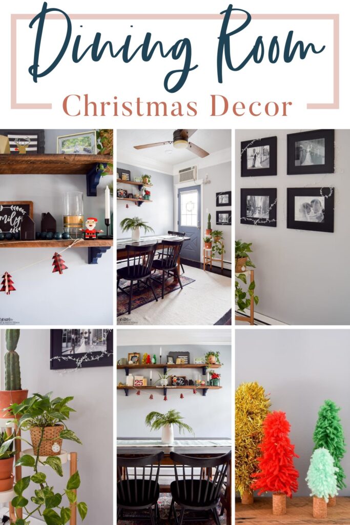 A photo collage of a christmas decor with text overlay saying "Dining Room Christmas Decor".