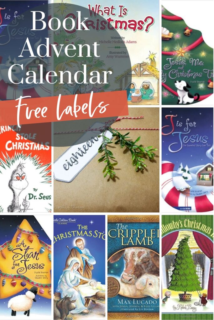 Collage of Christmas book ideas for Kids with text overlay that says Book Advent Calendar with Free Labels