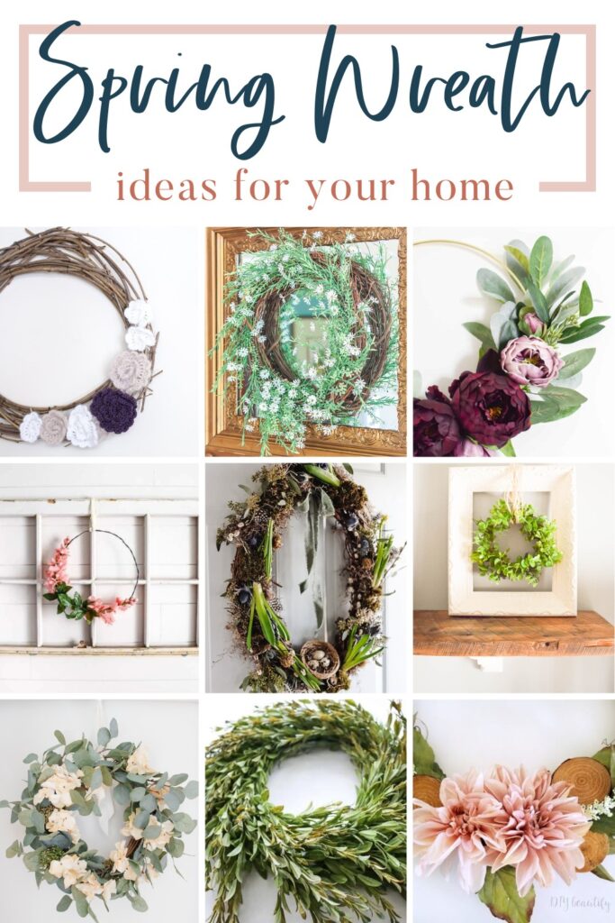 A photo collage of spring wreath with text overlays saying "Spring Wreath ideas for your home"