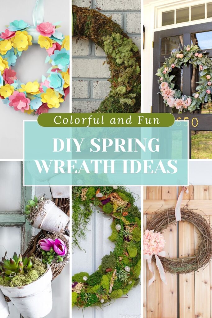 A photo collage of spring wreath with text overlays saying "Colorful and fun DIY spring wreath ideas".